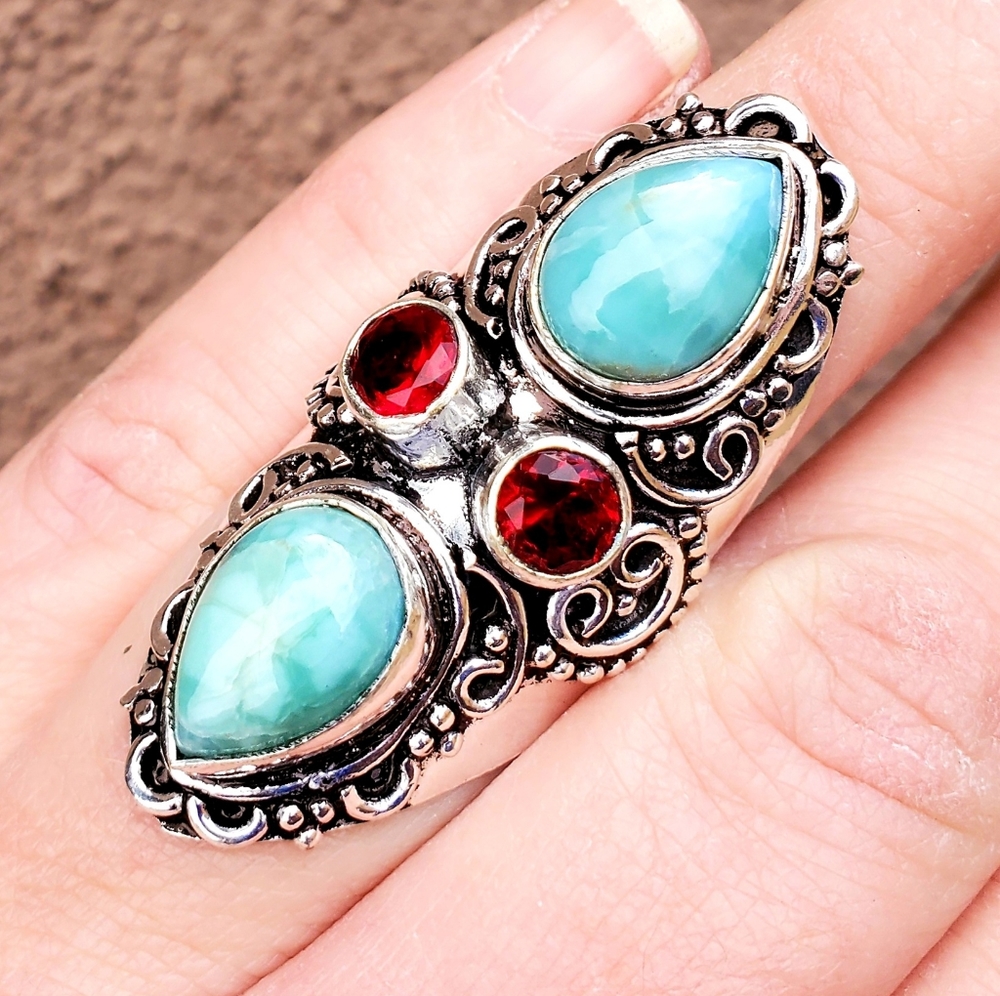 New Oversized Larimar and Garnet 925 Silver Statement Ring.